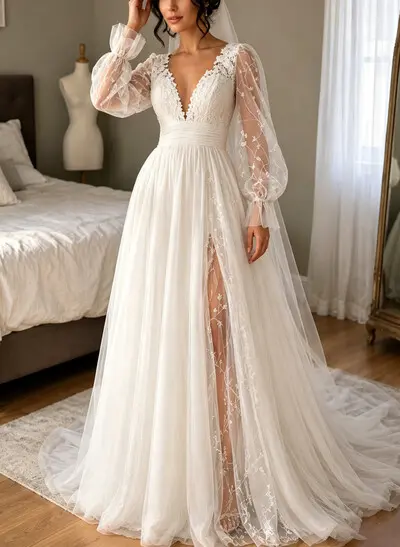 A-Line V-Neck Long Sleeves Sweep Train Chiffon/Tulle Bride Wedding Dress With Pleated/Appliques Lace