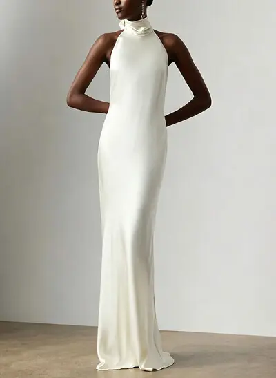 Sheath/Column Halter Sleeveless Floor-Length Bride Wedding Dress