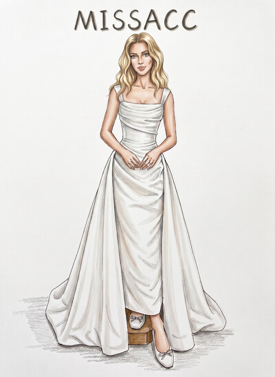 A-Line Square Neckline Sleeveless Detachable Matte Satin Bride Wedding Dress