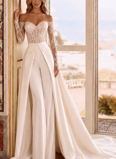 Jumpsuit/Pantsuit Off-The-Shoulder Long Sleeves Court Train Lace/Matte Satin Bride Wedding Dress With Overskirt Dress