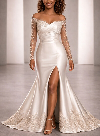 Trumpet/Mermaid Off-The-Shoulder Long Sleeves Sweep Train Lace/Matte Satin Bride Wedding Dress With Beading/High Split