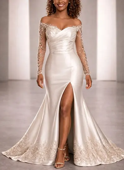 Trumpet/Mermaid Off-The-Shoulder Long Sleeves Sweep Train Lace/Matte Satin Bride Wedding Dress With Beading/High Split