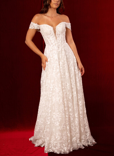 A-Line Off-The-Shoulder Sleeveless Sweep Train Lace Bride Wedding Dress