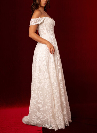 A-Line Off-The-Shoulder Sleeveless Sweep Train Lace Bride Wedding Dress