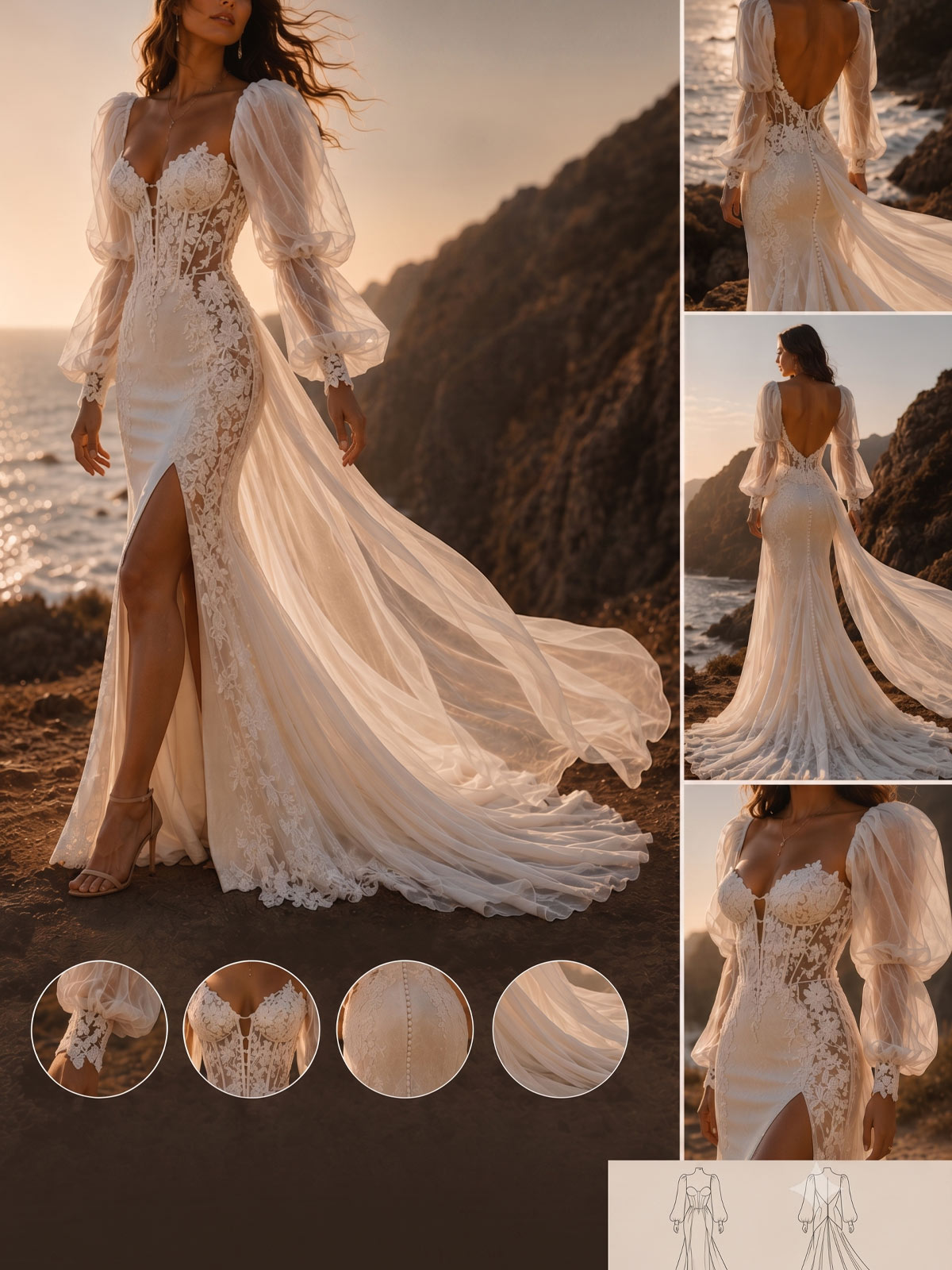 Sheath/Column Sweetheart Long Sleeves Court Train Tulle/Matte Satin Bride Wedding Dress With Appliques Lace