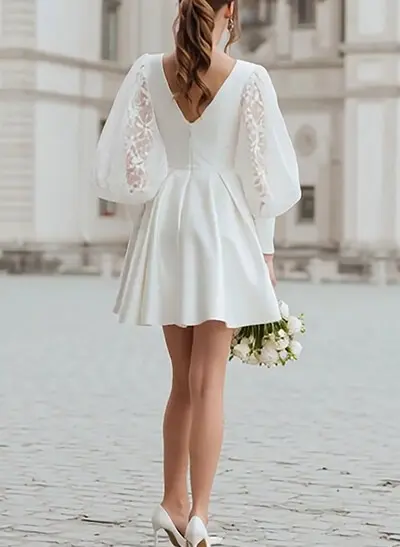 A-Line V-Neck Long Sleeves Short/Mini Lace/Satin Wedding Dresses With Pockets