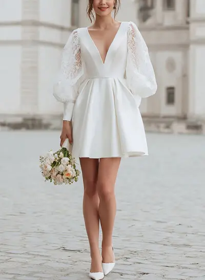 A-Line V-Neck Long Sleeves Short/Mini Lace/Satin Wedding Dresses With Pockets