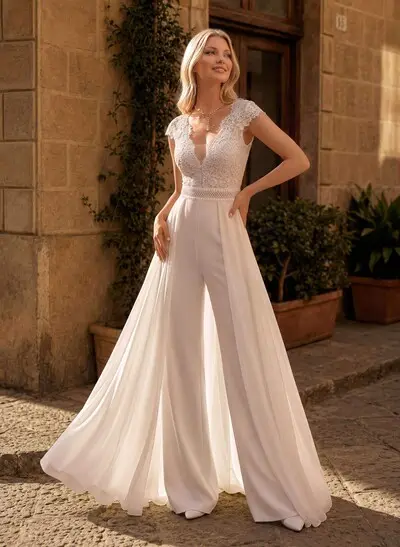 Jumpsuit/Pantsuit Plunge Neck Sleeveless Floor-Length Chiffon Wedding Dresses With Overskirt Dress