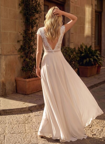 Jumpsuit/Pantsuit Plunge Neck Sleeveless Floor-Length Chiffon Wedding Dresses With Overskirt Dress