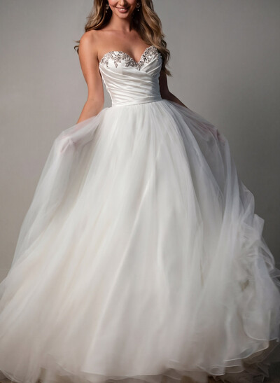 Ball-Gown Sweetheart Sleeveless Court Train Satin Bride Wedding Dress With Rhinestone