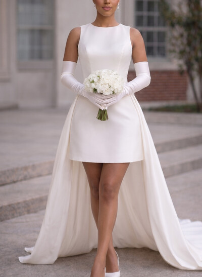 A-Line Scoop Neck Sleeveless Short/Mini/Detachable Matte Satin Bride Wedding Dress With Bow(s)