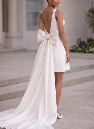 A-Line Scoop Neck Sleeveless Short/Mini/Detachable Matte Satin Wedding Dress With Bow(s)