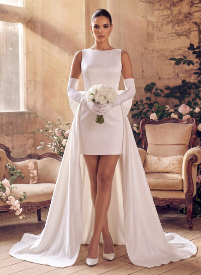 A-Line Scoop Neck Sleeveless Short/Mini/Detachable Matte Satin Wedding Dress With Bow(s)