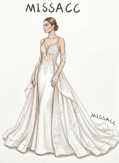 Trumpet/Mermaid Plunge Neck Sleeveless Detachable Lace/Elastic Satin Bride Wedding Dress With Appliques Lace