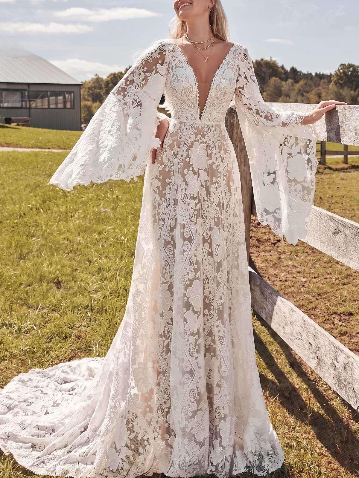 A-Line Plunge Neck Long Sleeves Court Train Lace Bride Wedding Dress