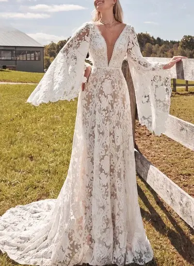 A-Line Plunge Neck Long Sleeves Court Train Lace Bride Wedding Dress