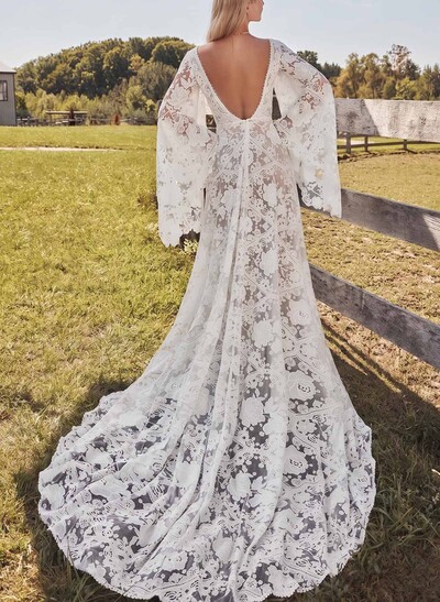 A-Line Plunge Neck Long Sleeves Court Train Lace Bride Wedding Dress