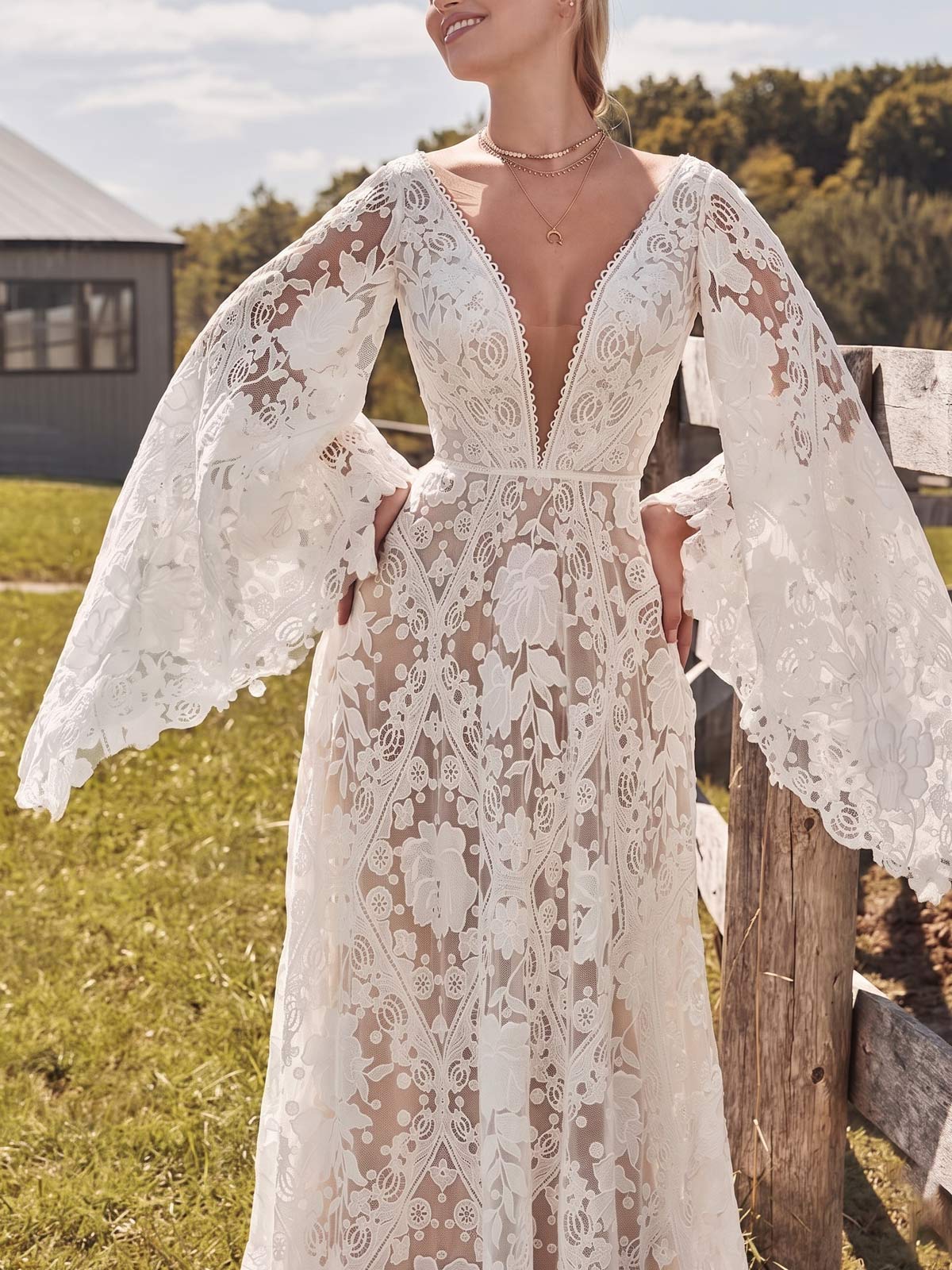 A-Line Plunge Neck Long Sleeves Court Train Lace Bride Wedding Dress