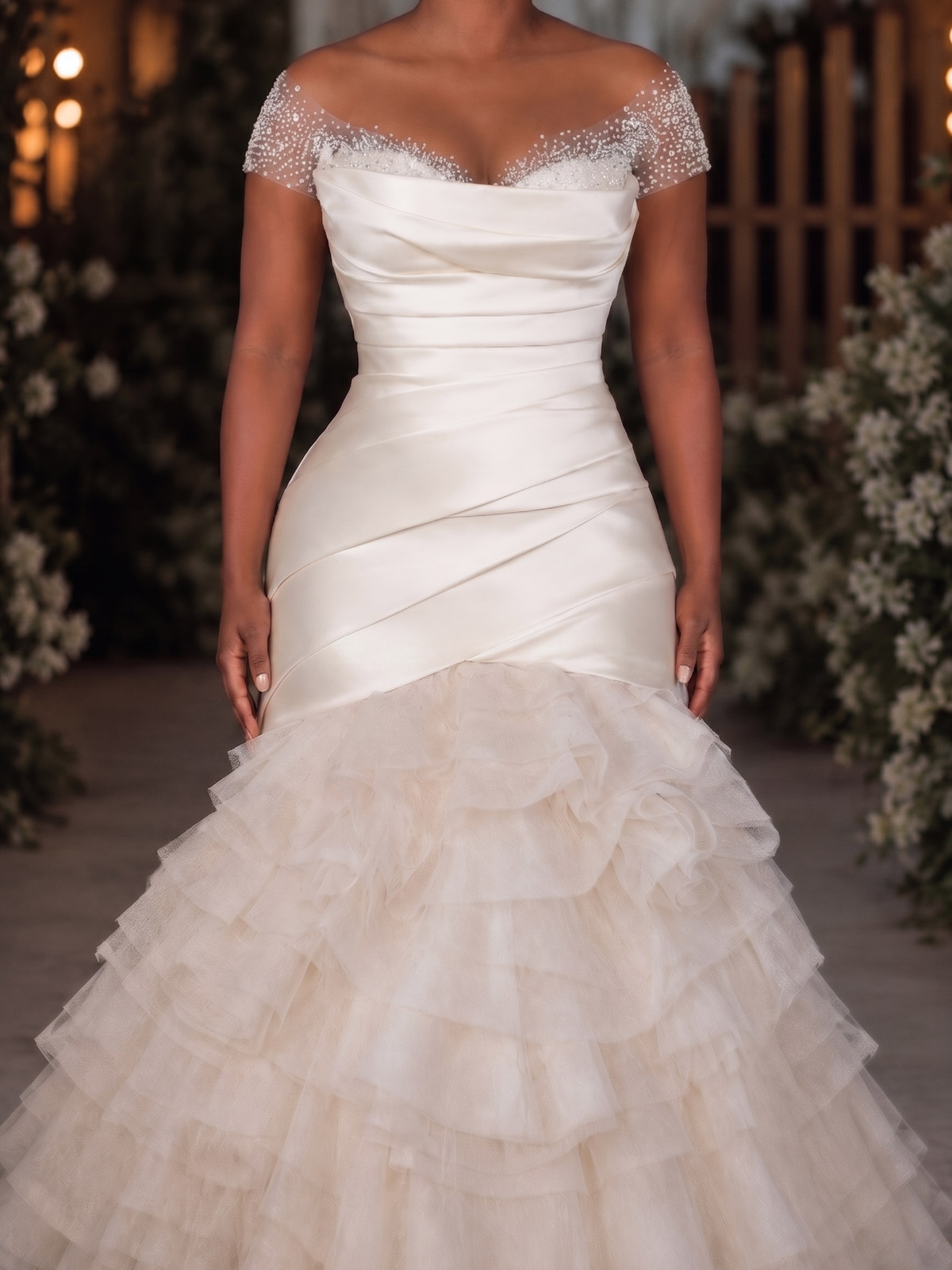 Trumpet/Mermaid Sweetheart Short Sleeves Floor-Length Organza/Matte Satin Bride Wedding Dress With Cascading Ruffles