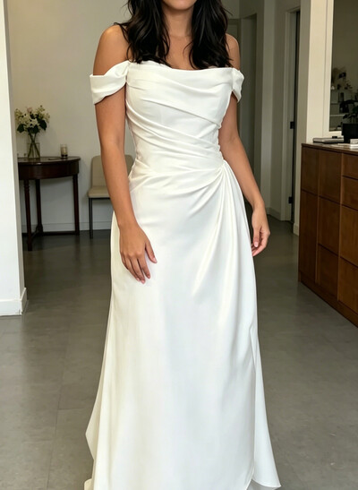 Sheath/Column Off-The-Shoulder Sleeveless Sweep Train Lace/Italian Satin Bride Wedding Dress With Pleated