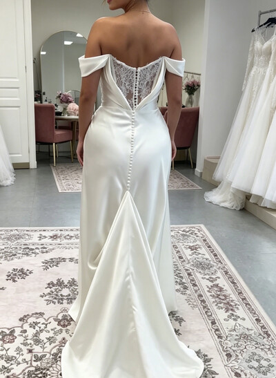 Sheath/Column Off-The-Shoulder Sleeveless Sweep Train Lace/Italian Satin Bride Wedding Dress With Pleated