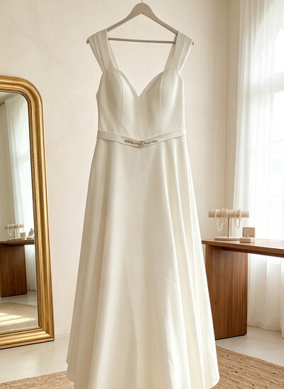 A-Line Sweetheart Sleeveless Ankle-Length Crepe Satin Bride Wedding Dress With Rhinestone