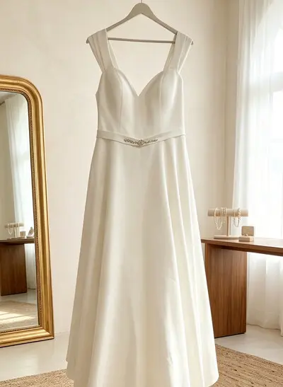 A-Line Sweetheart Sleeveless Ankle-Length Crepe Satin Bride Wedding Dress With Rhinestone