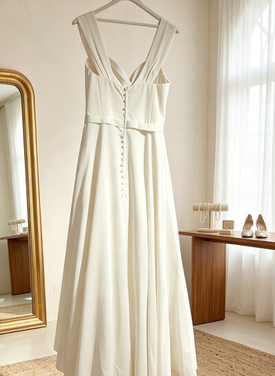 A-Line Sweetheart Sleeveless Ankle-Length Crepe Satin Bride Wedding Dress With Rhinestone
