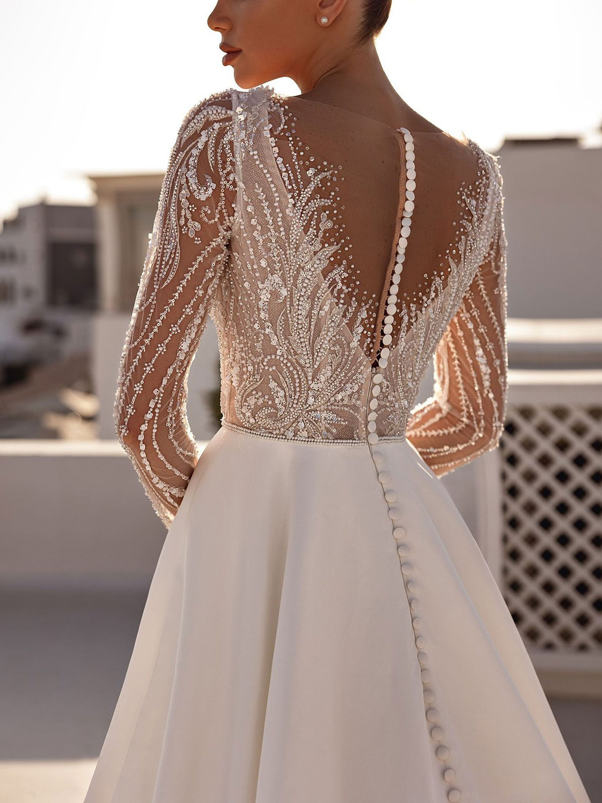 Ball-Gown Plunge Neck Long Sleeves Chapel Train Tulle/Twill Satin Bride Wedding Dress With Beading/Sequins/Appliques Lace