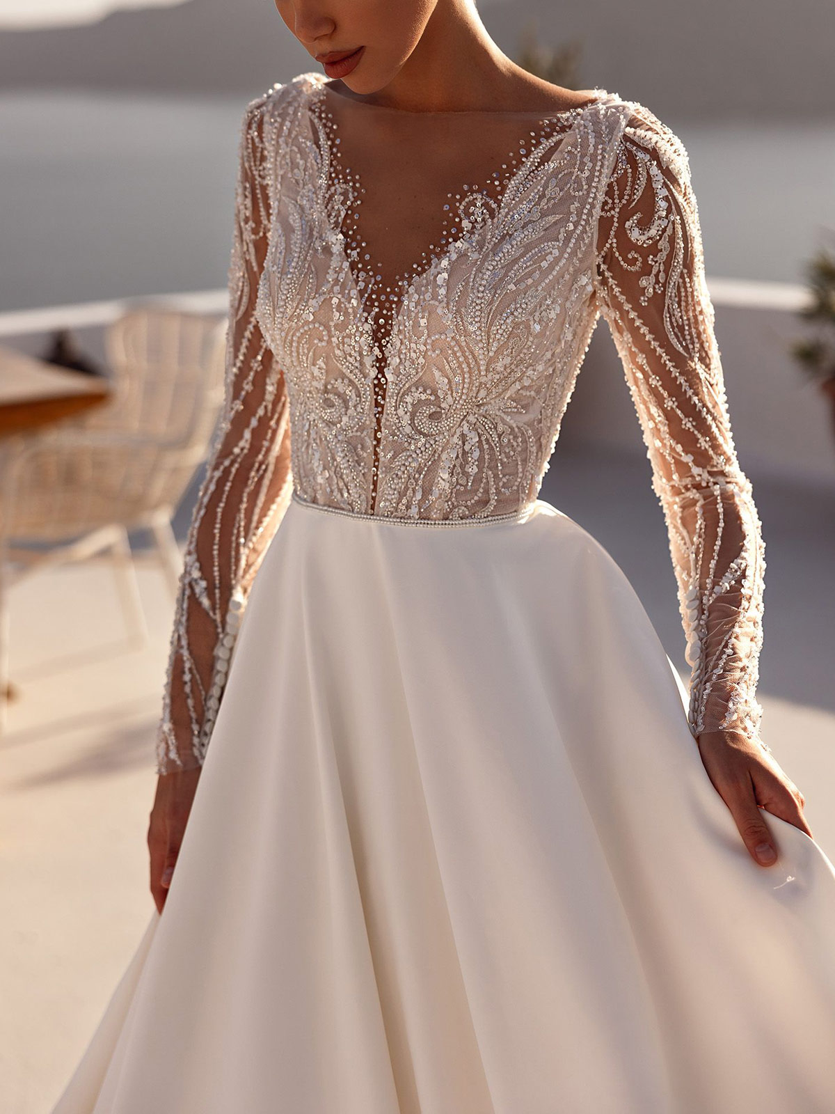 Ball-Gown Plunge Neck Long Sleeves Chapel Train Tulle/Twill Satin Bride Wedding Dress With Beading/Sequins/Appliques Lace