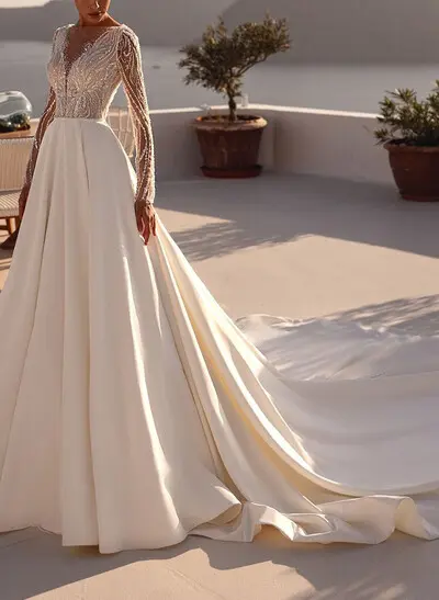 Ball-Gown Plunge Neck Long Sleeves Chapel Train Tulle/Twill Satin Bride Wedding Dress With Beading/Sequins/Appliques Lace