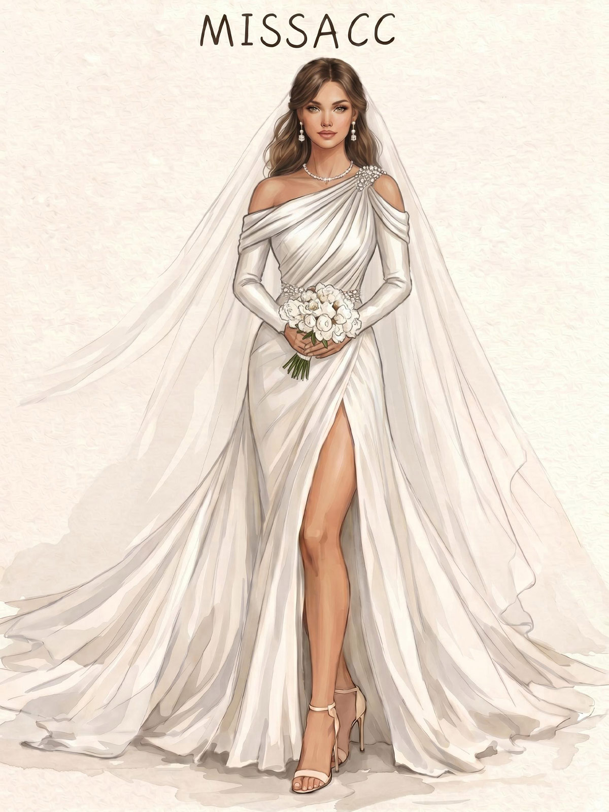 Trumpet/Mermaid Asymmetrical Long Sleeves Court Train Satin Bride Wedding Dress With Beading