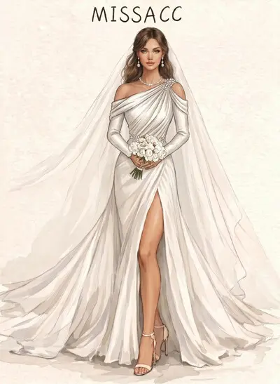 Trumpet/Mermaid Asymmetrical Long Sleeves Court Train Satin Bride Wedding Dress With Beading