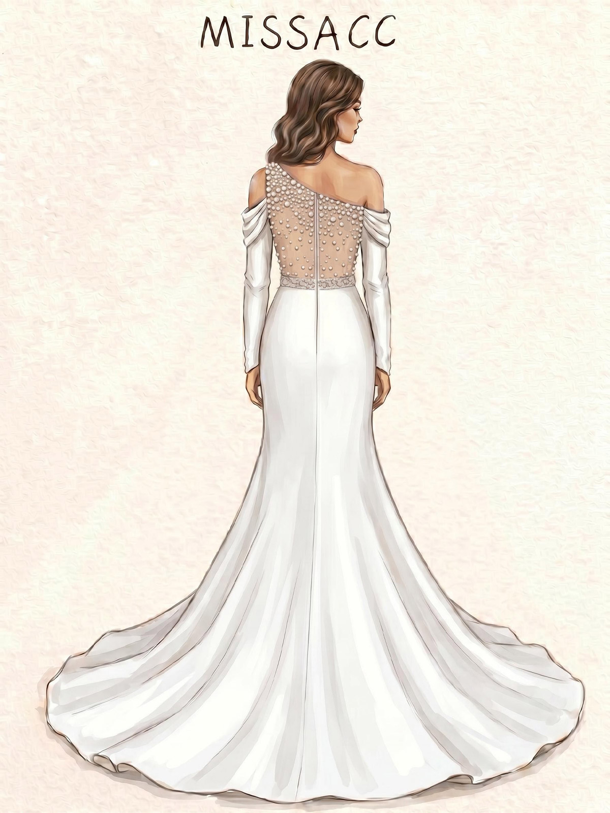 Trumpet/Mermaid Asymmetrical Long Sleeves Court Train Satin Bride Wedding Dress With Beading