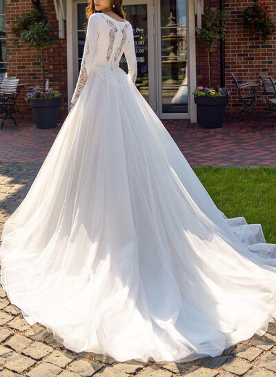 Ball-Gown Scoop Neck Long Sleeves Chapel Train Organza Bride Wedding Dress With Appliques Lace
