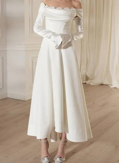 A-Line Off-The-Shoulder Long Sleeves Tea-Length Matte Satin Wedding Dresses With Lace