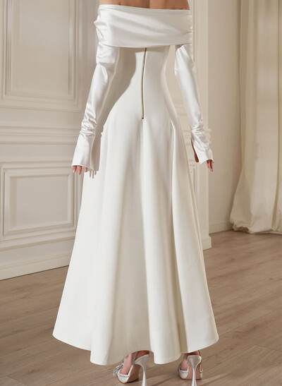 A-Line Off-The-Shoulder Long Sleeves Tea-Length Matte Satin Wedding Dresses With Lace