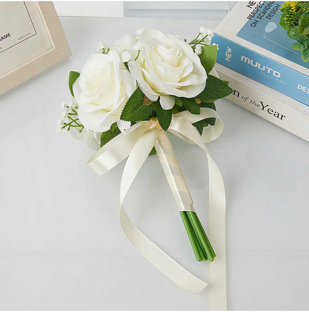 Rose And Baby's Breath Artificial Nosegay Flower Bouquet With Satin Bow