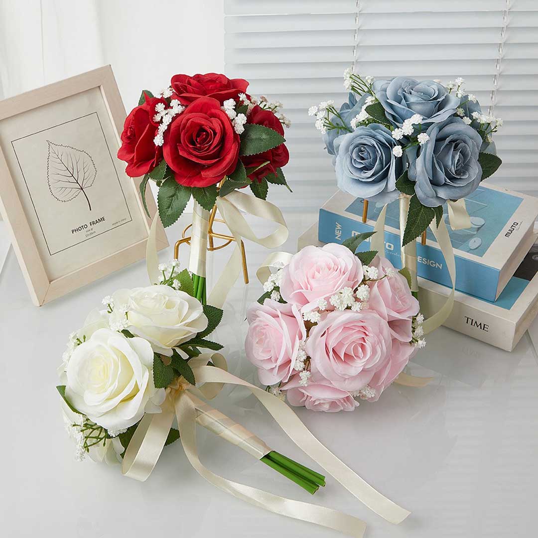 Rose And Baby's Breath Artificial Nosegay Flower Bouquet With Satin Bow