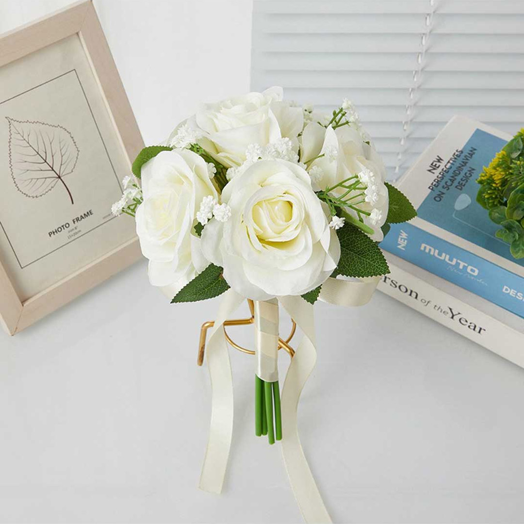 Rose And Baby's Breath Artificial Nosegay Flower Bouquet With Satin Bow