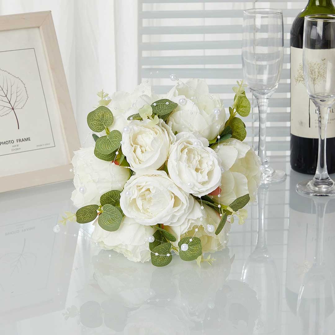Peony Ribbon Artificial Flower Nosegay Bouquet With Pearls