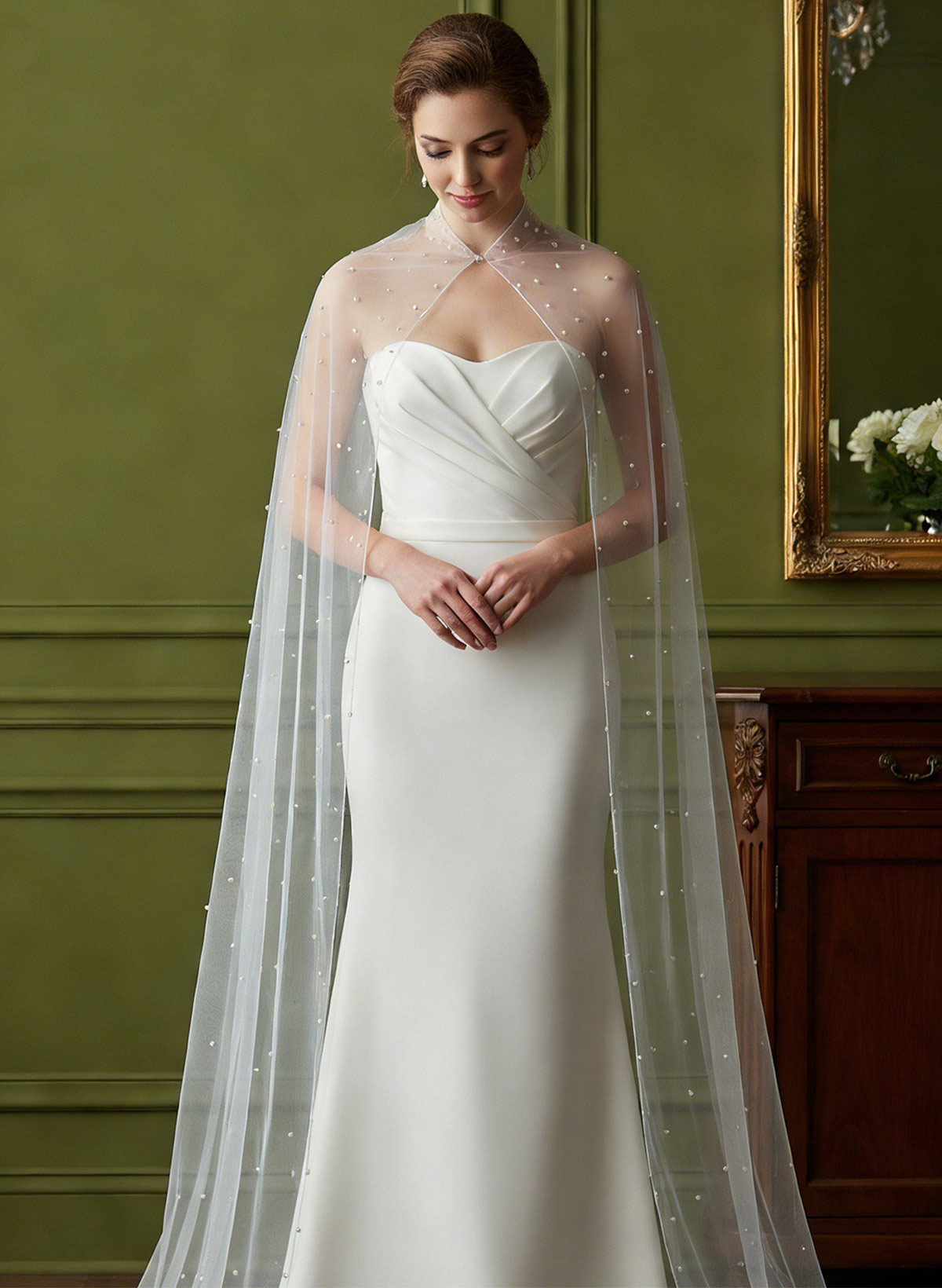 Beading Clasp Tulle Bride Wedding Cape Shawl