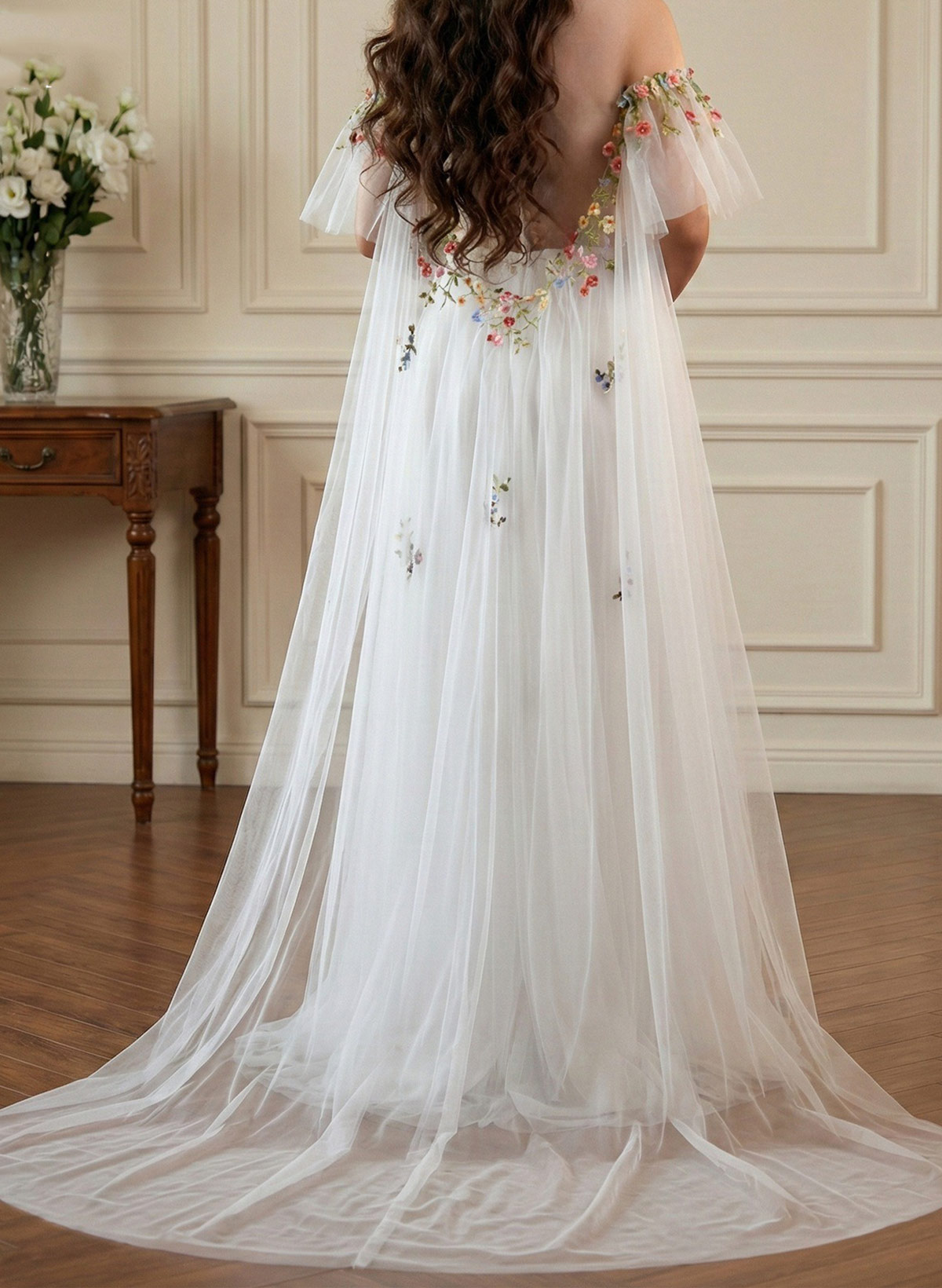 Open Front Tulle Cape Bride Wedding Shawl With Flower