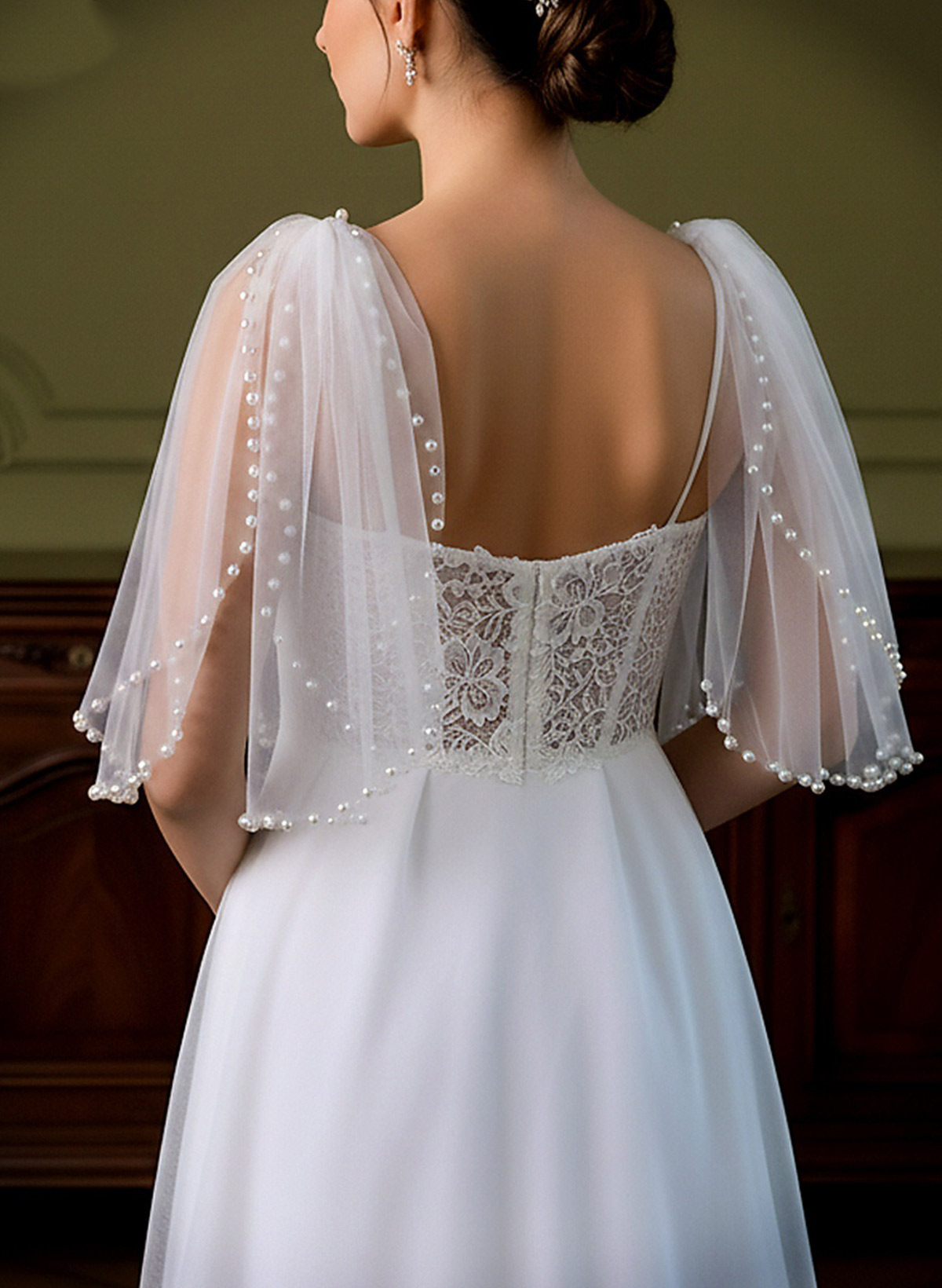 Open Front Tulle Shawl With Beading