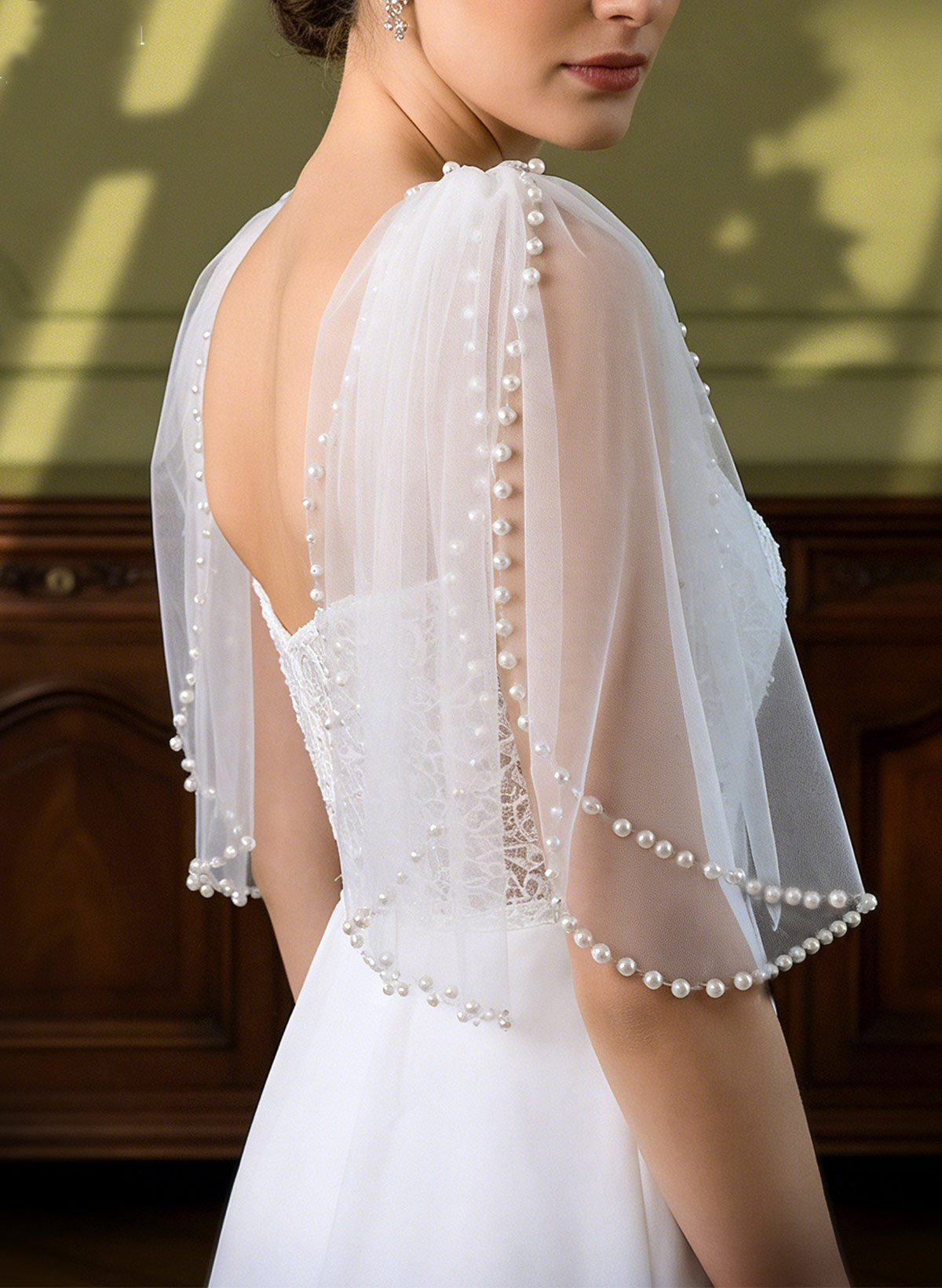Open Front Tulle Shawl With Beading