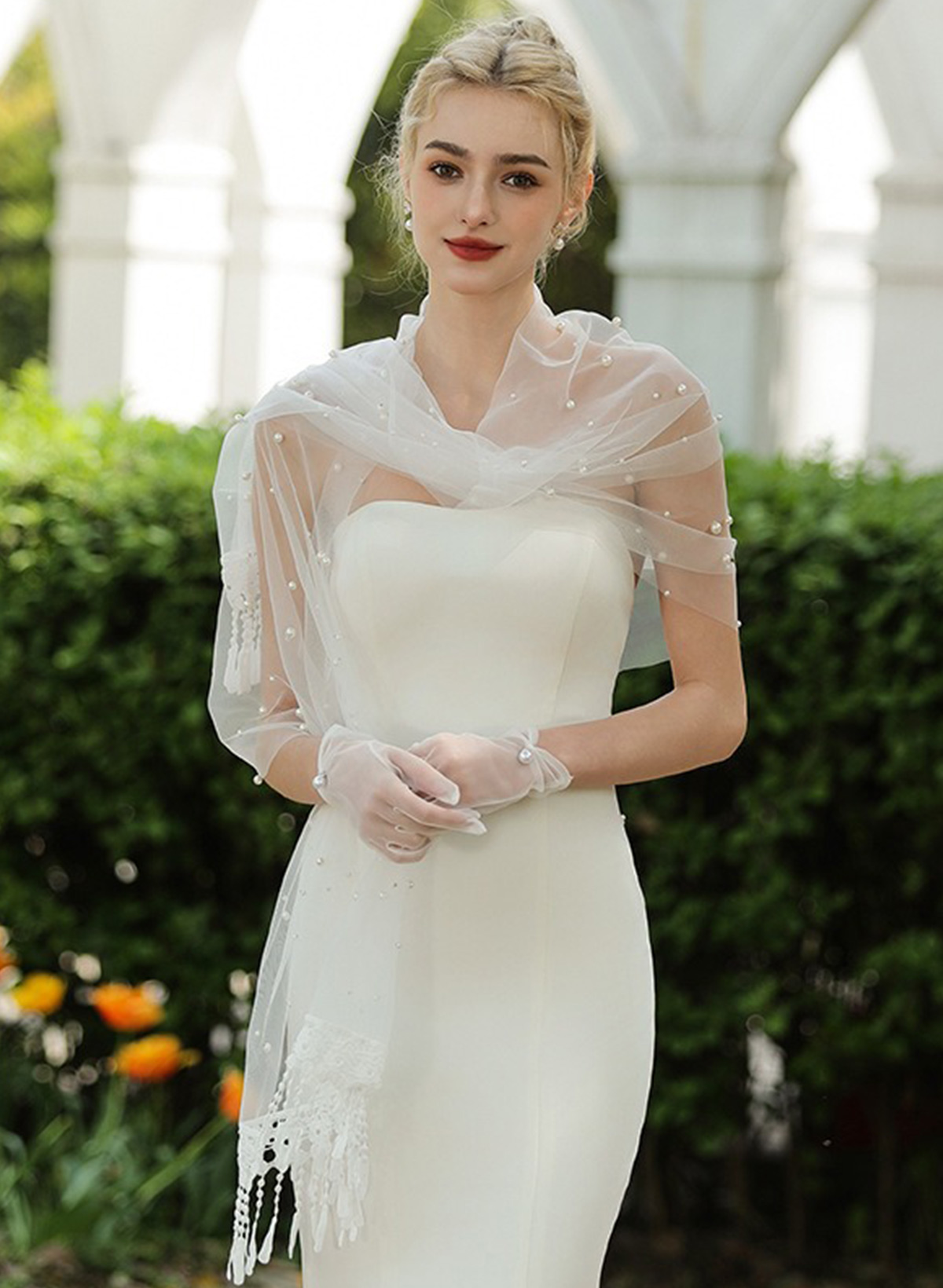 Open Front Tulle Shawl With Lace