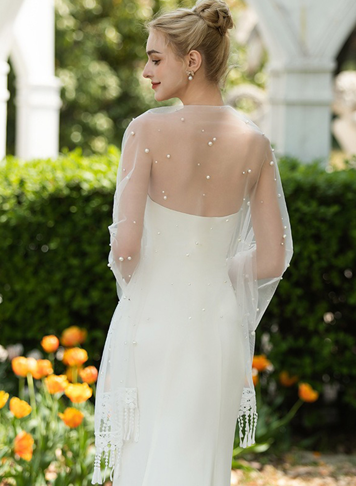 Open Front Tulle Shawl With Lace