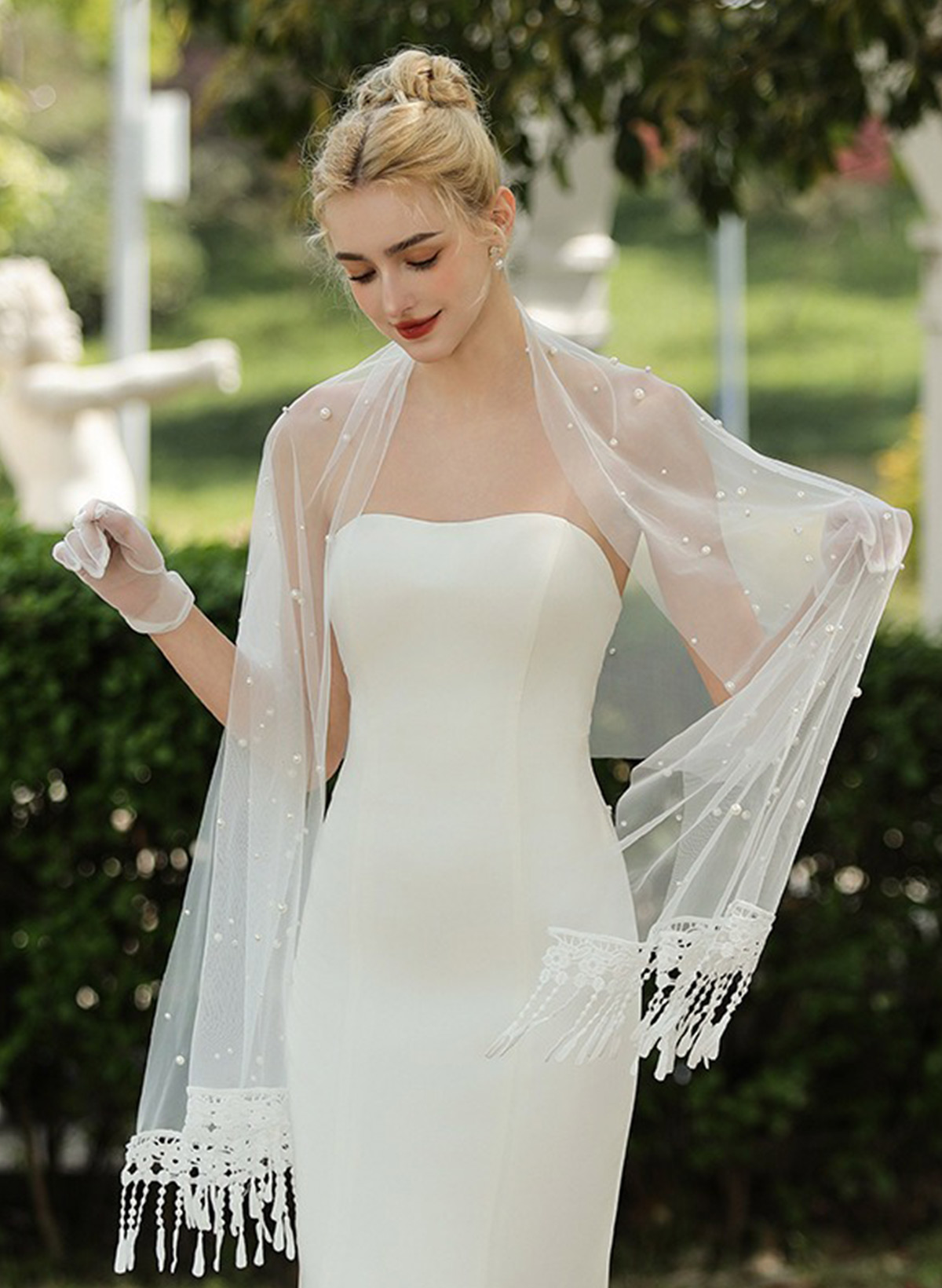 Open Front Tulle Shawl With Lace