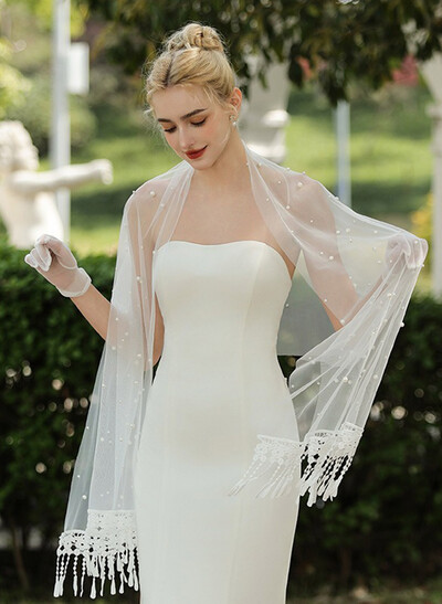 Open Front Tulle Shawl With Lace