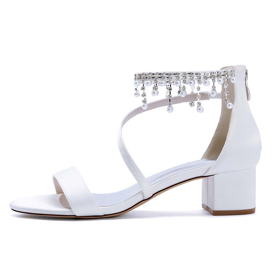 Low Heel Silk Like Satin Open Toe Wedding Shoes With Rhinestone
